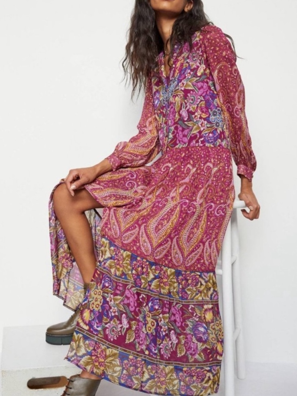 Anthropologie Magenta Paisley & Floral Maxi Shirtdress size Small